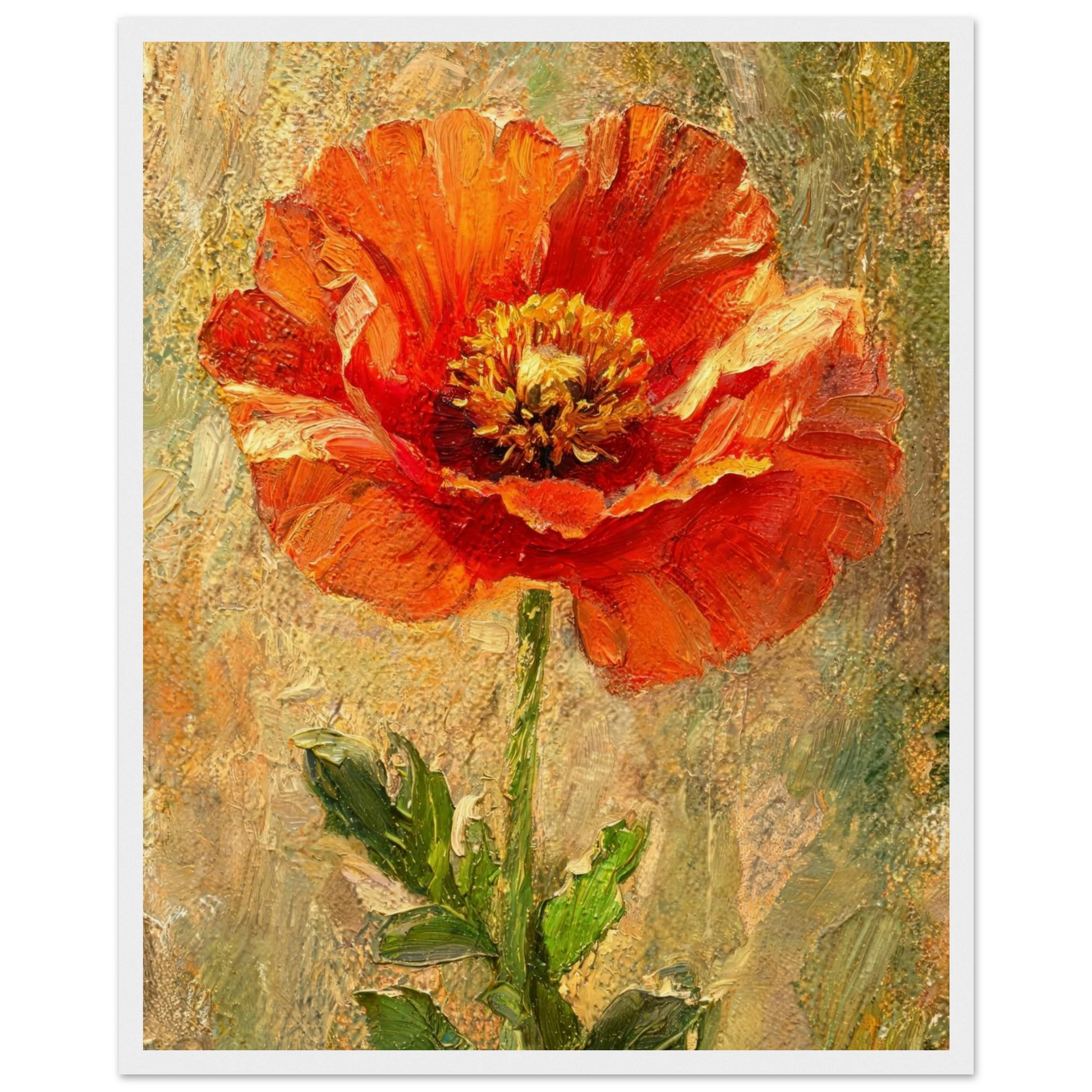 An impressionistic painting of a single red-orange poppy flower with green leaves on a textured beige and olive background, shown with a white border.
