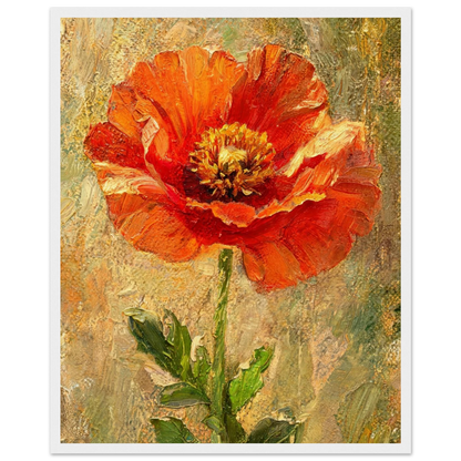 An impressionistic painting of a single red-orange poppy flower with green leaves on a textured beige and olive background, shown with a white border.
