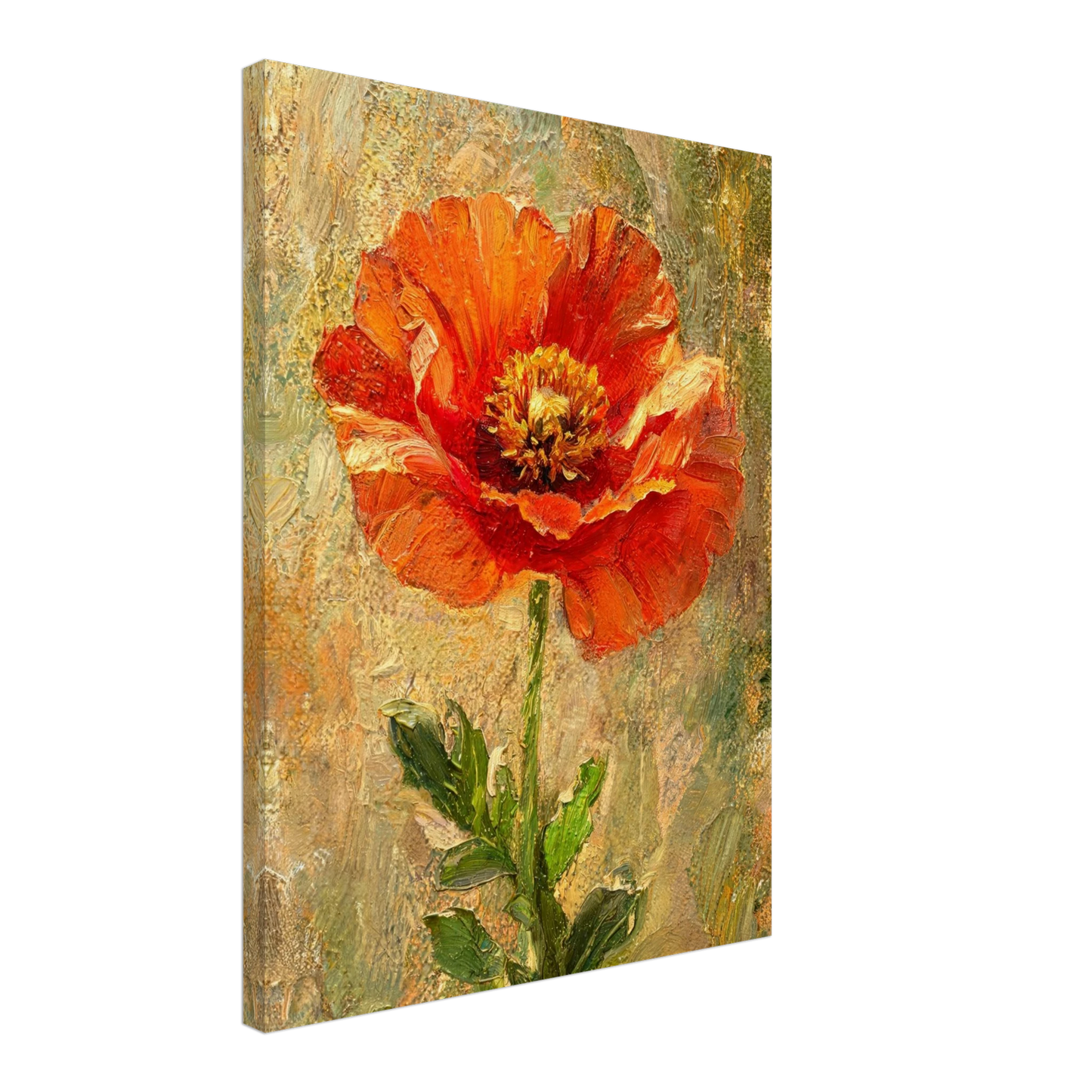 A vertical canvas wall art print featuring an impressionistic painting of a vibrant orange-red poppy flower with green leaves on a textured gold and beige background, shown at a three-quarter angle against a plain white background.