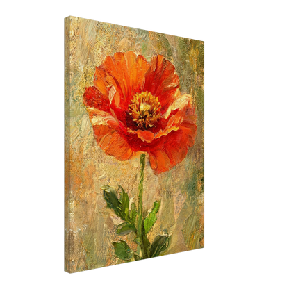 A vertical canvas wall art print featuring an impressionistic painting of a vibrant orange-red poppy flower with green leaves on a textured gold and beige background, shown at a three-quarter angle against a plain white background.