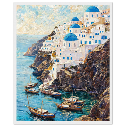Framed Greek Island Cliff Art | Aegean Village Wall Decor Poster