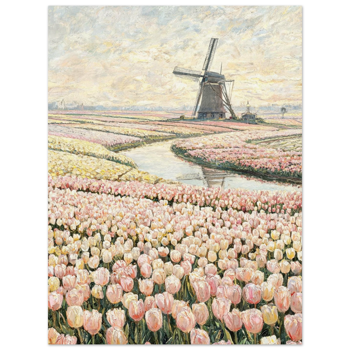A landscape art print depicting a Dutch windmill situated among rows of pink and yellow tulip fields, with a canal running through the center under a cloudy sky.