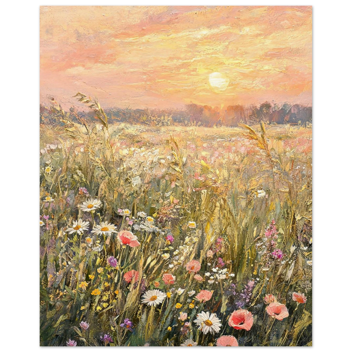 Fine art print of an Impressionist sunset wildflower meadow featuring glowing pastel skies, daisies, and rich oil painting textures.