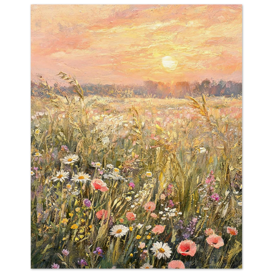 Fine art print of an Impressionist sunset wildflower meadow featuring glowing pastel skies, daisies, and rich oil painting textures.