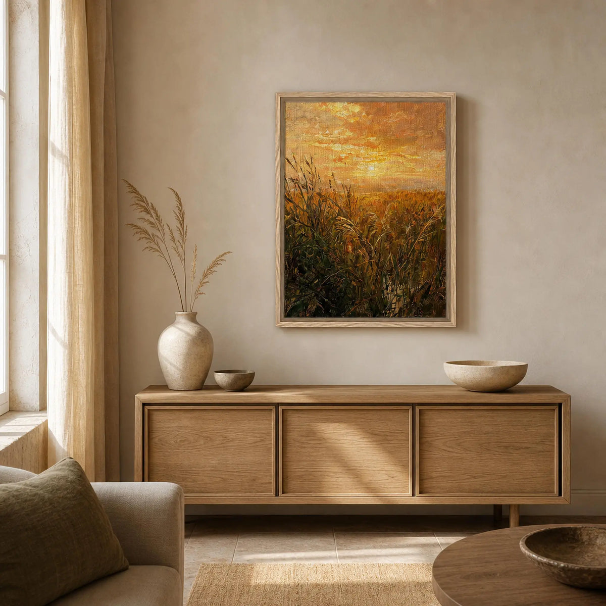 Golden Grass Field at Sunset Impressionist Art Print