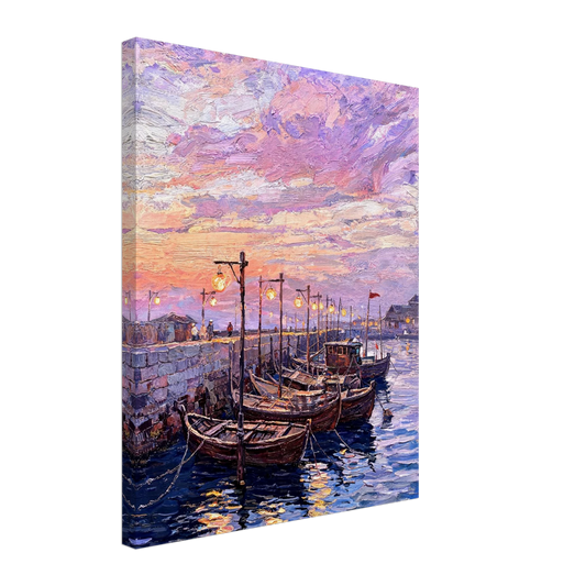 Premium canvas print featuring a textured impressionist oil painting of a twilight harbor with glowing lanterns and purple sunset