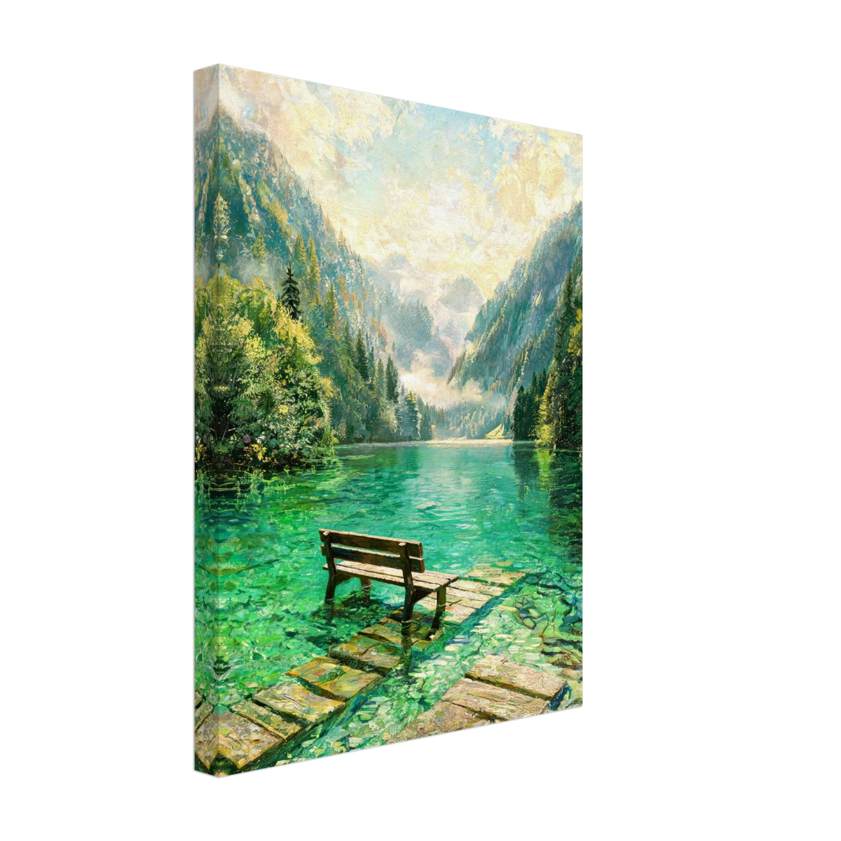 A vertical canvas wall art print depicting a serene mountain lake scene with a wooden bench on a stone dock, shown at an angle against a plain white background.