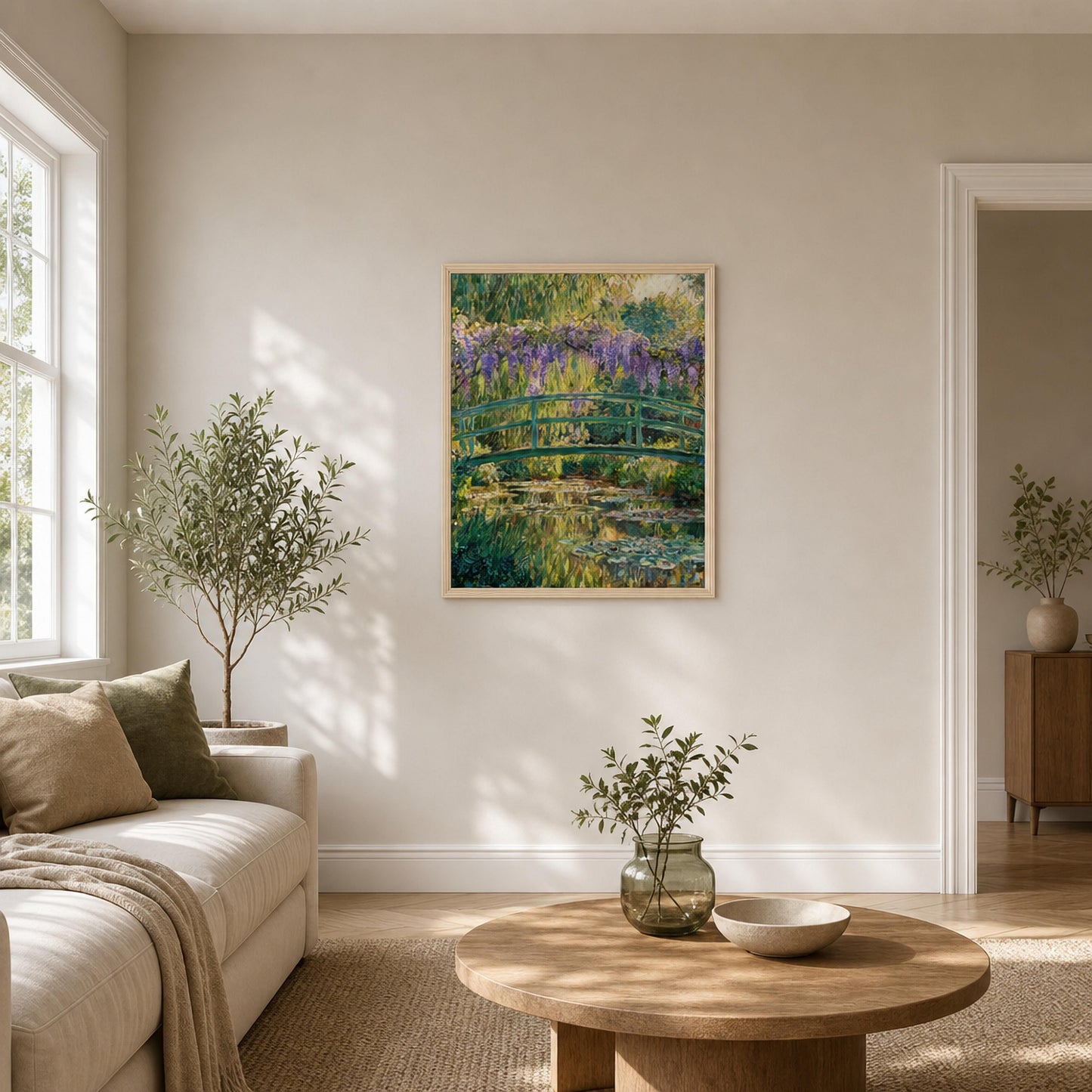 Japanese Bridge and Wisteria Wooden Framed Poster | Vintstep