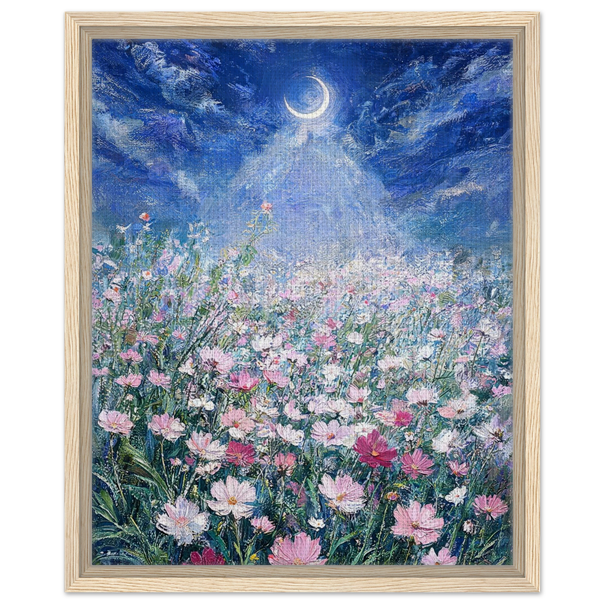 Moonlit Cosmos Meadow Framed Canvas Wall Art