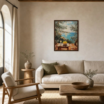 Framed Mediterranean Terrace with Wine & Lemons Canvas Wall Art | Seascape Decor