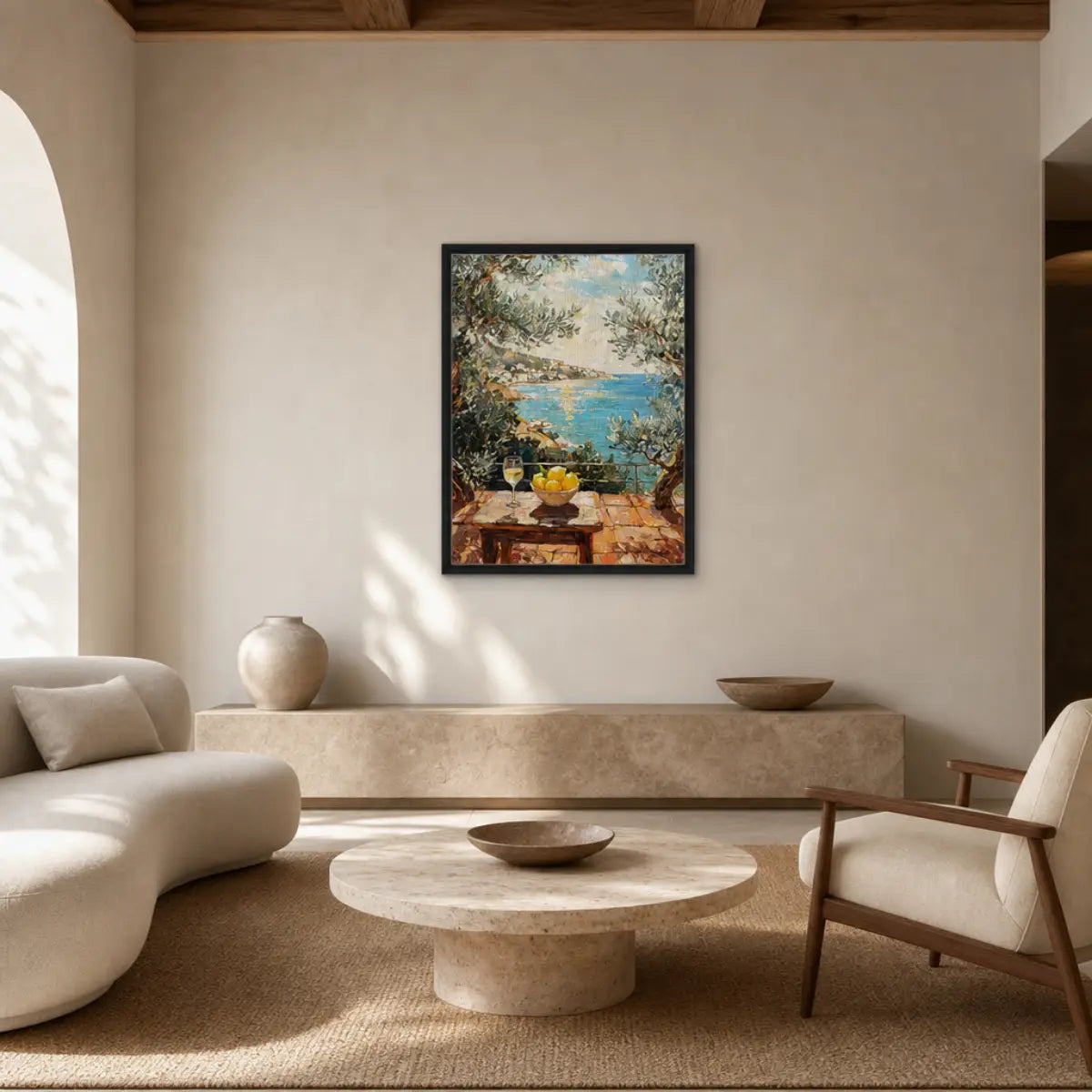 Framed Mediterranean Terrace with Wine & Lemons Canvas Wall Art | Seascape Decor
