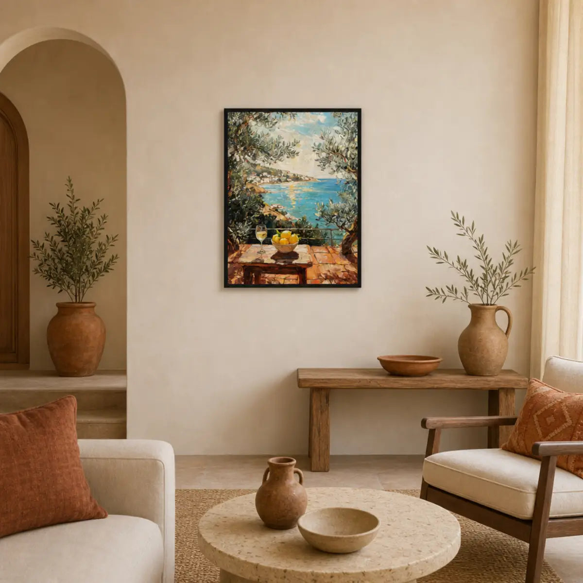Framed Mediterranean Terrace with Wine & Lemons Art Print | Seascape Wall Decor